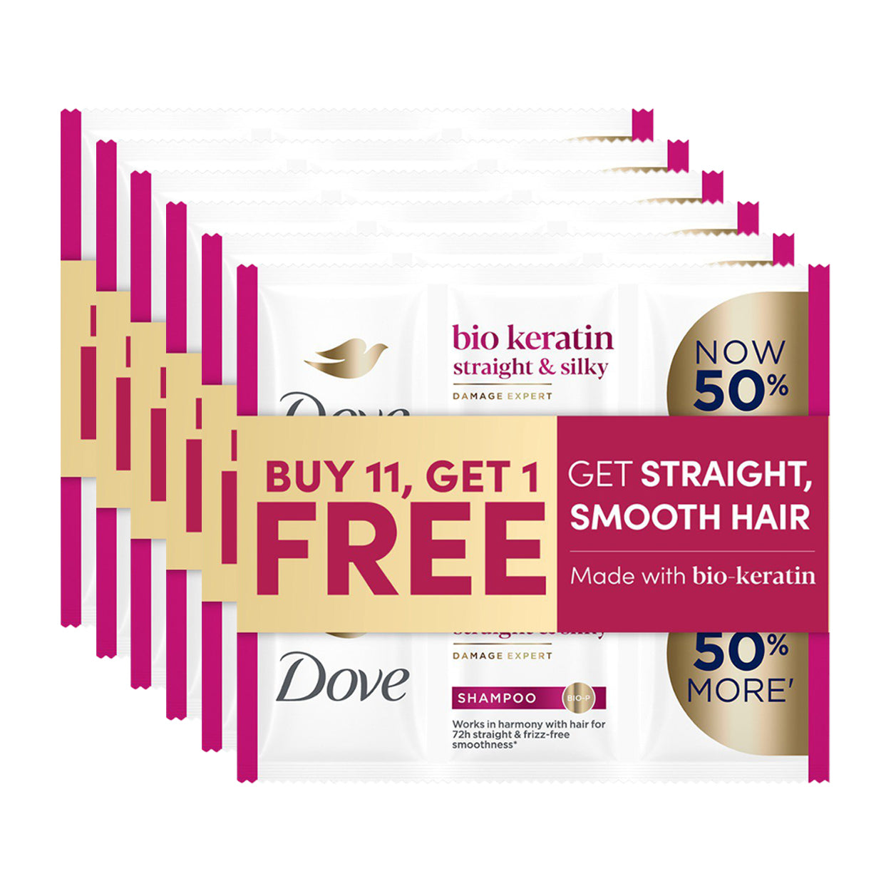 Dove Shampoo Bio-Keratin Straight & Silky Pink 11x13.5ml + Free