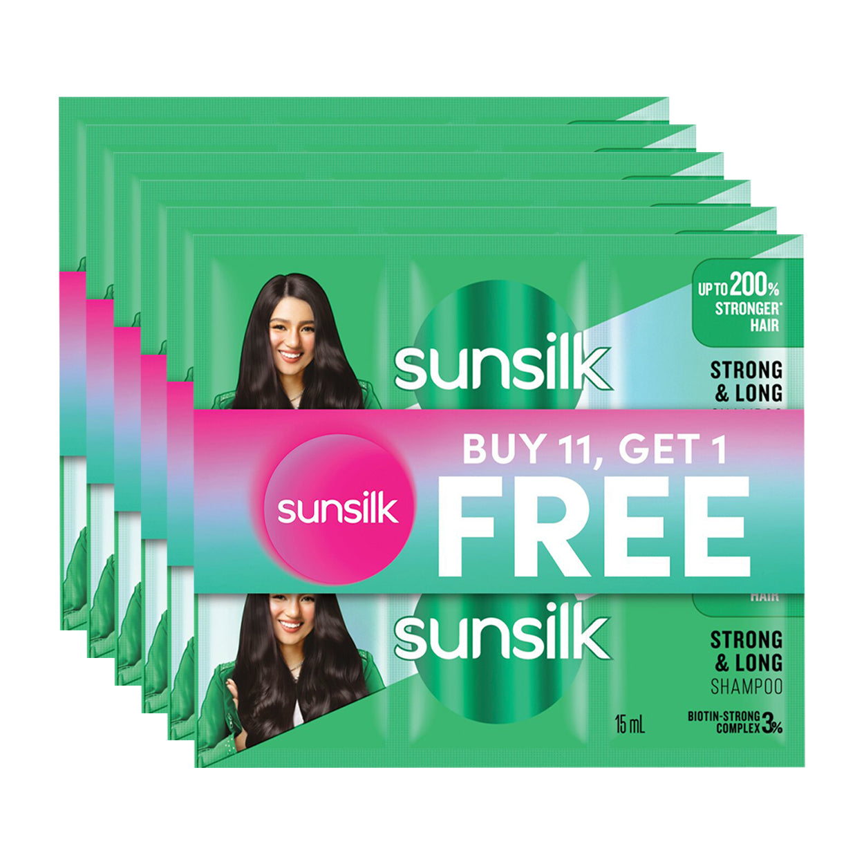 Sunsilk Shampoo Strong & Long Green 11x15ml + Free