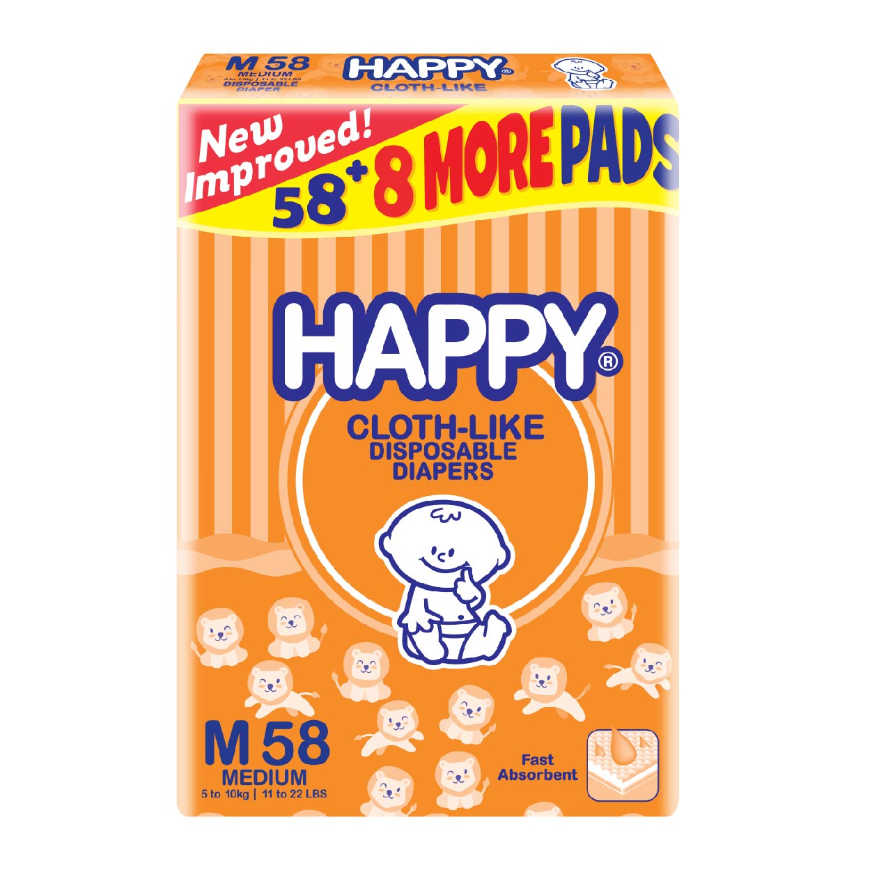 Happy Cloth-Like Disposable Diapers M 58s + Free