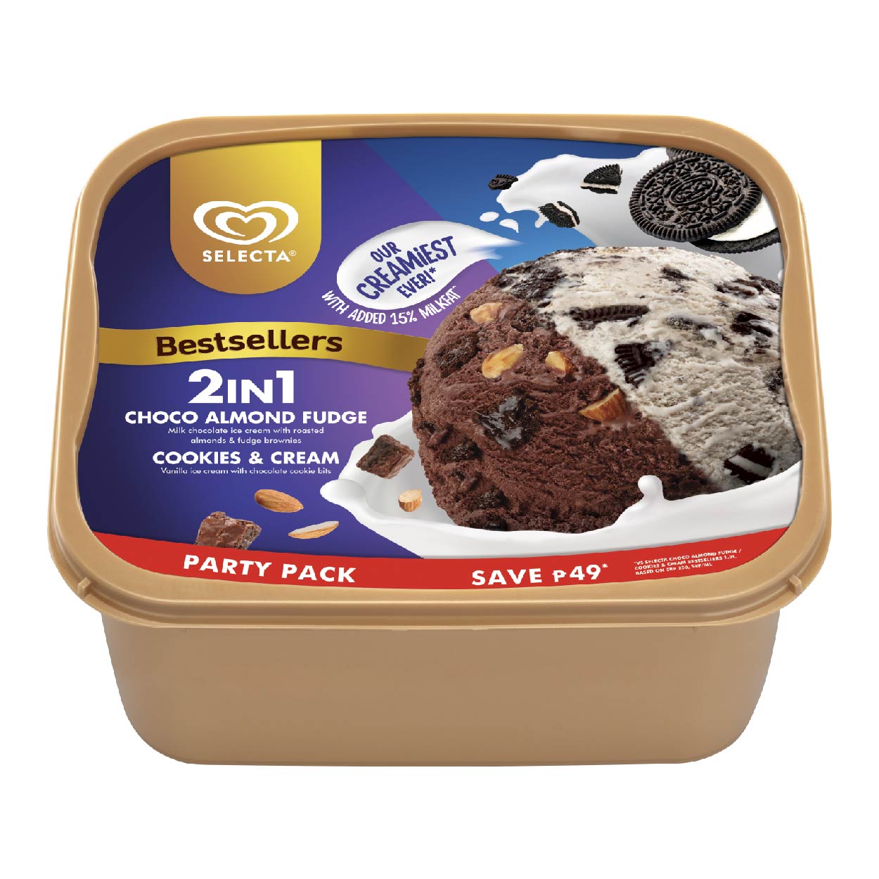 Selecta 2 in 1 Choco Almond Fudge Cookies & Cream Ice Cream 2L