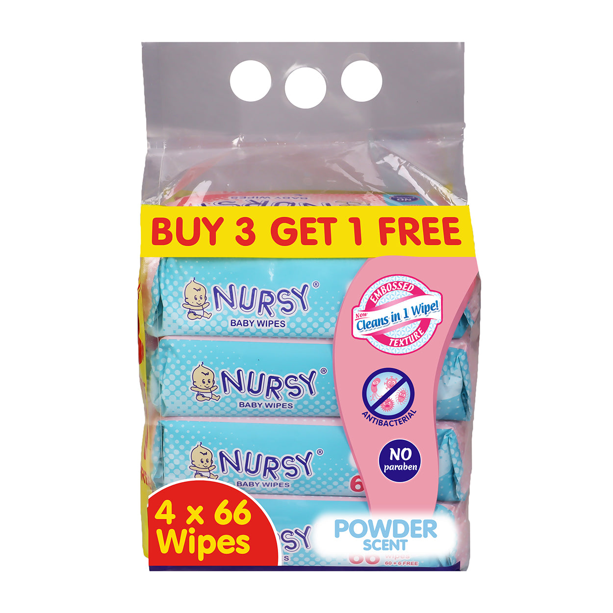 Nursy Baby Wipes Powder Scent 66s Buy 3 Get 1 Free