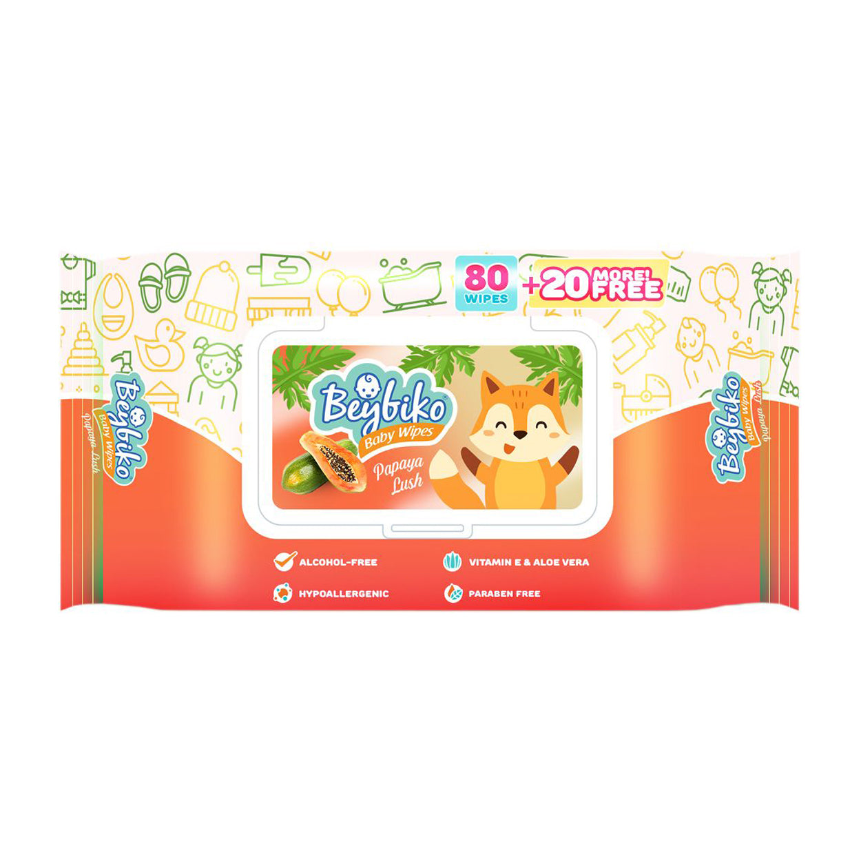 Beybiko Baby Wipes Papaya Lush 80s + Free