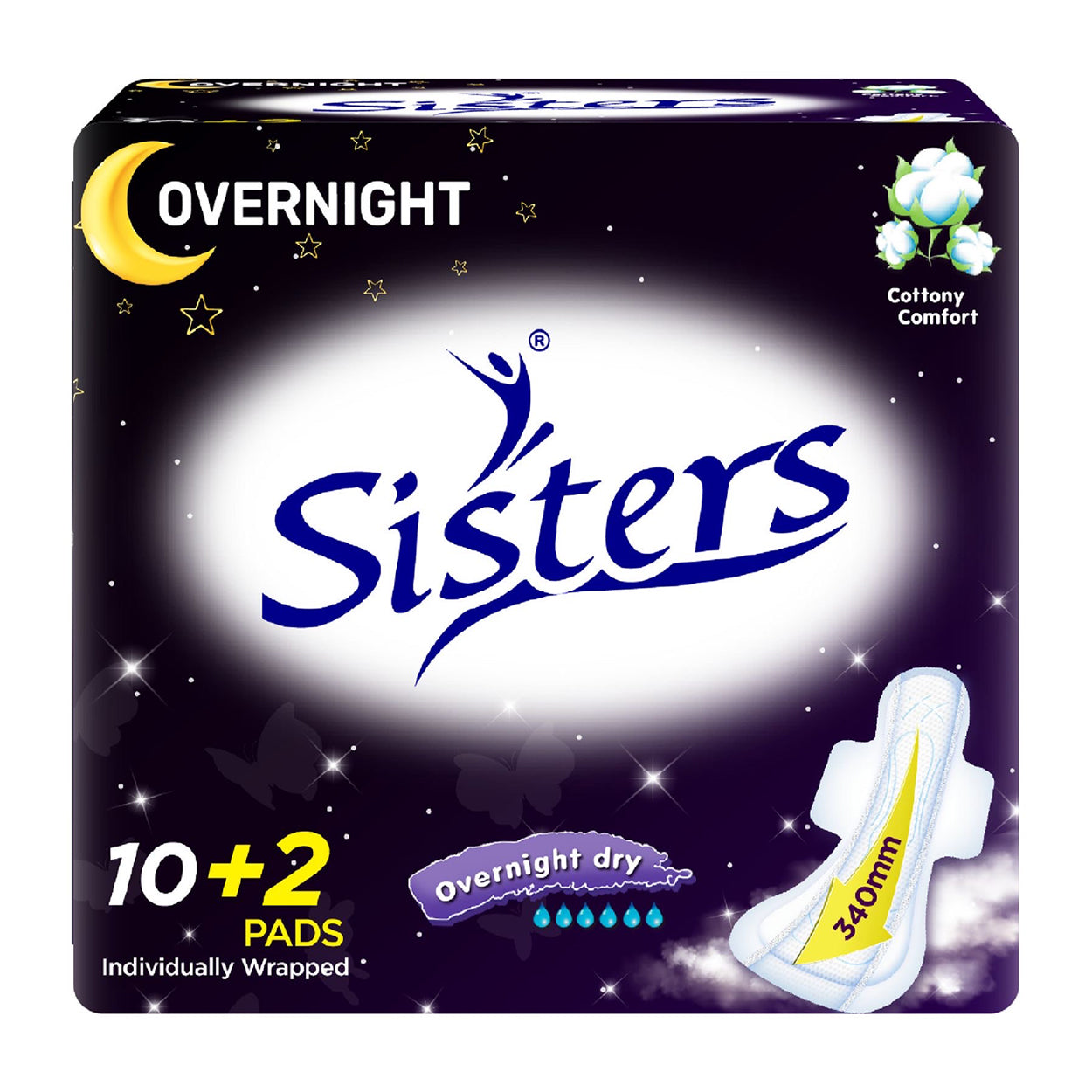 Sisters Napkin Cottony Comfort Overnight 340mm Wings 10s + 2 Free