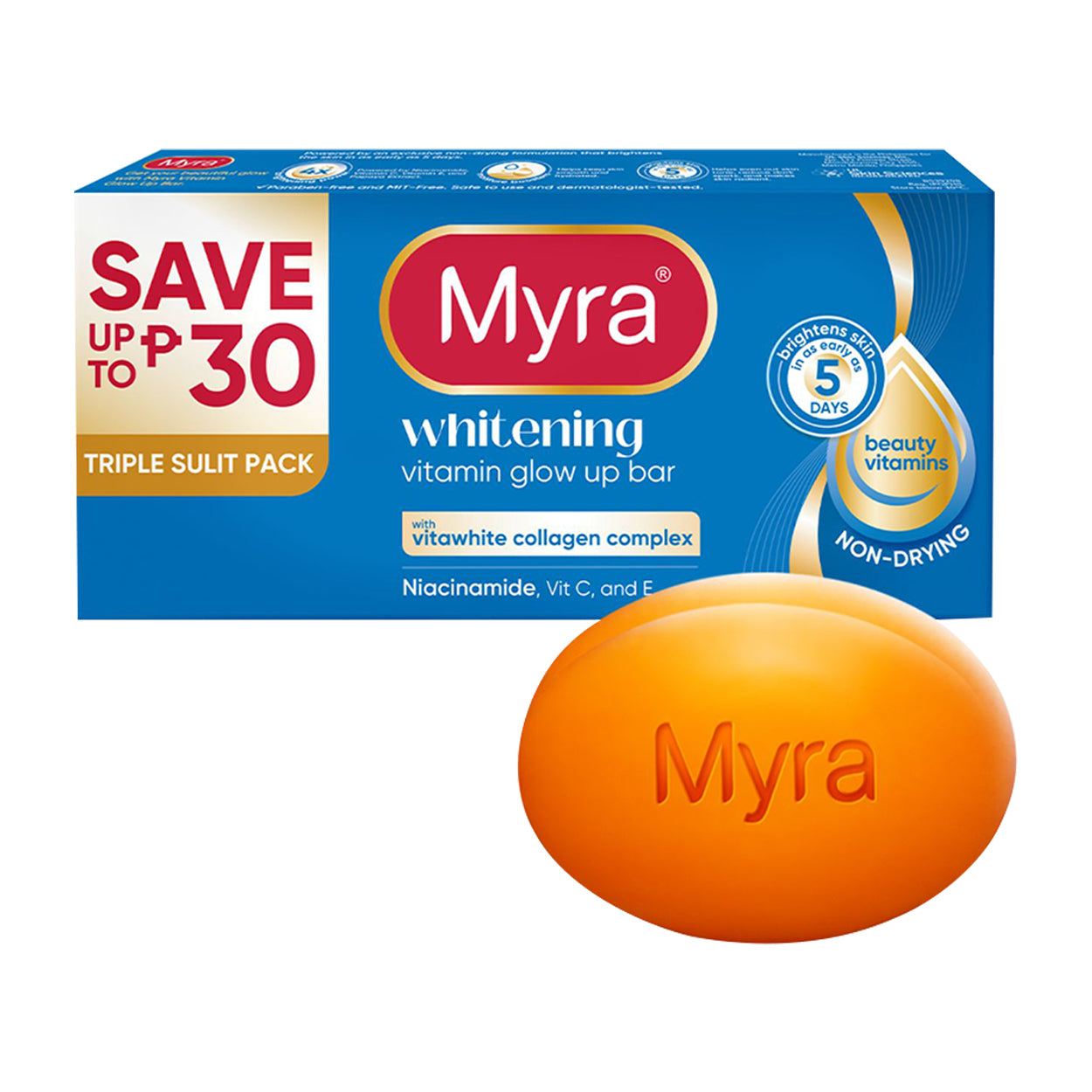 Myra Soap Whitening Niacinamide Vit C&E 3x90g Triple Sulit Pack