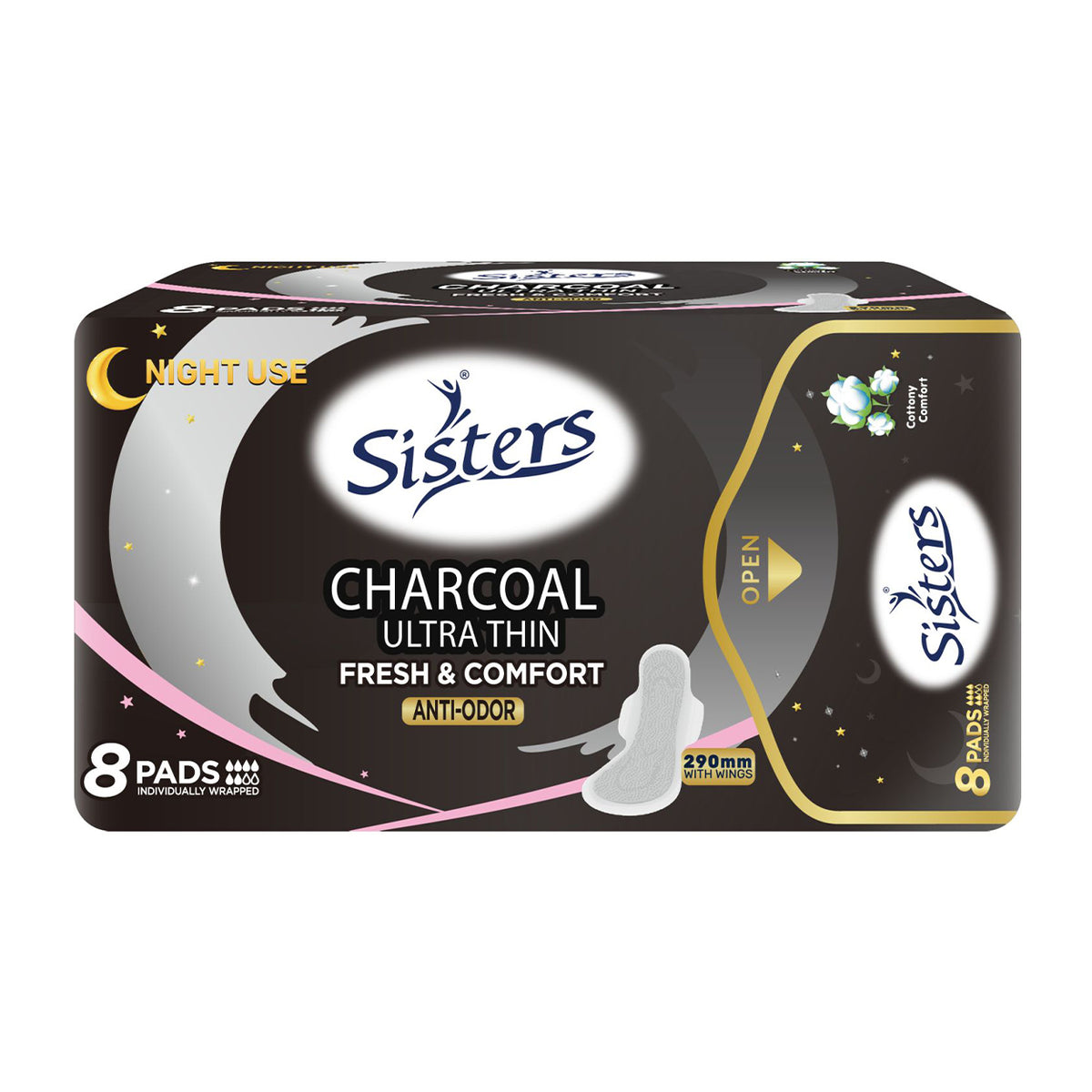 Sisters Napkin Ultra Thin Charcoal Night Use with Wings 290mm 8s