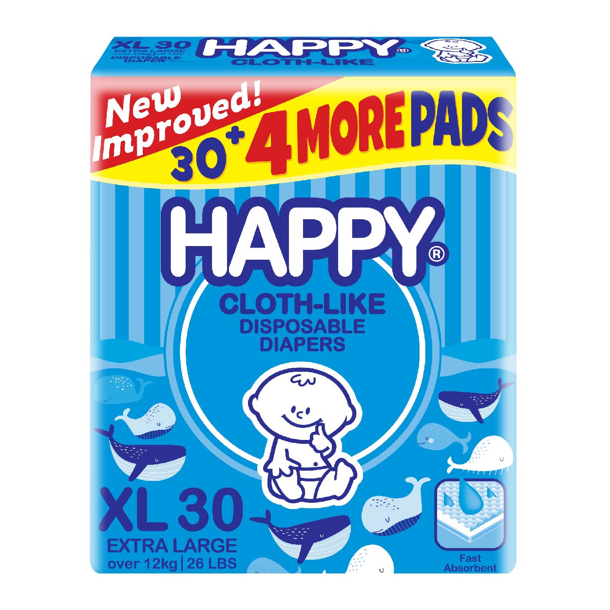 Happy Cloth-Like Disposable Diapers XL 30s + Free