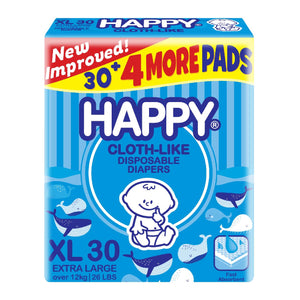 Happy Cloth-Like Disposable Diapers XL 30s + Free