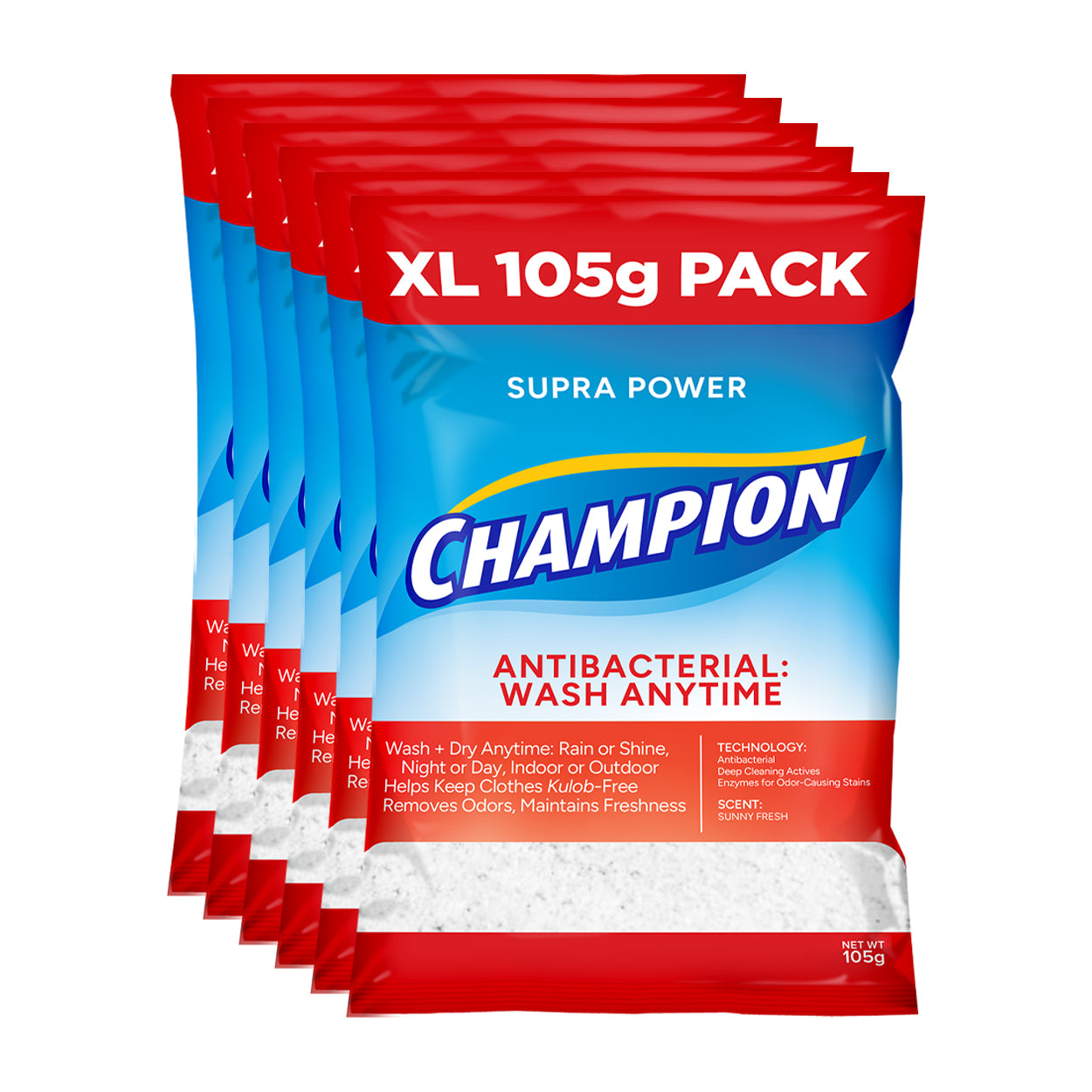 Champion Detergent Powder Antibacterial Wash Anytime 6x105g