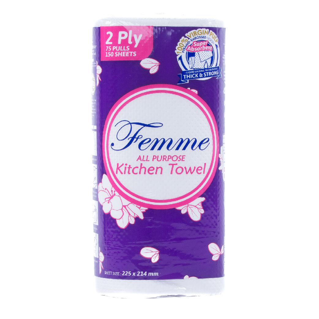 Femme Kitchen Towel All Purpose 2 Ply 150 sheets 75 Pulls 1 Roll