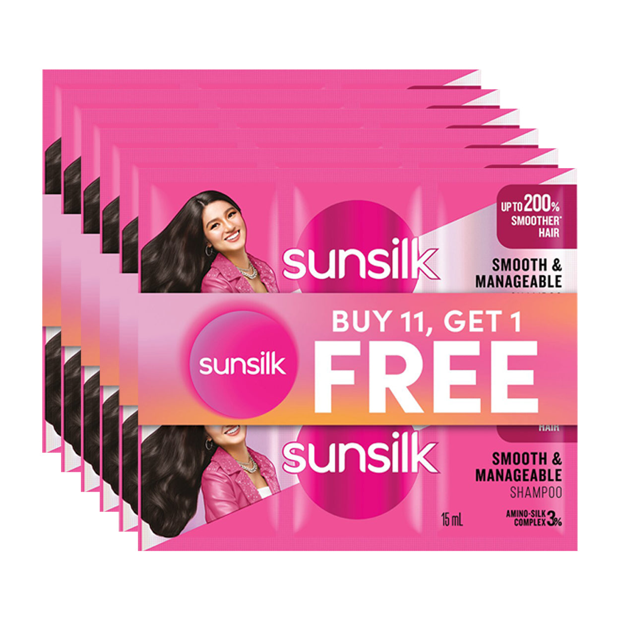 Sunsilk Shampoo Smooth & Manageable Pink 11x15ml + Free