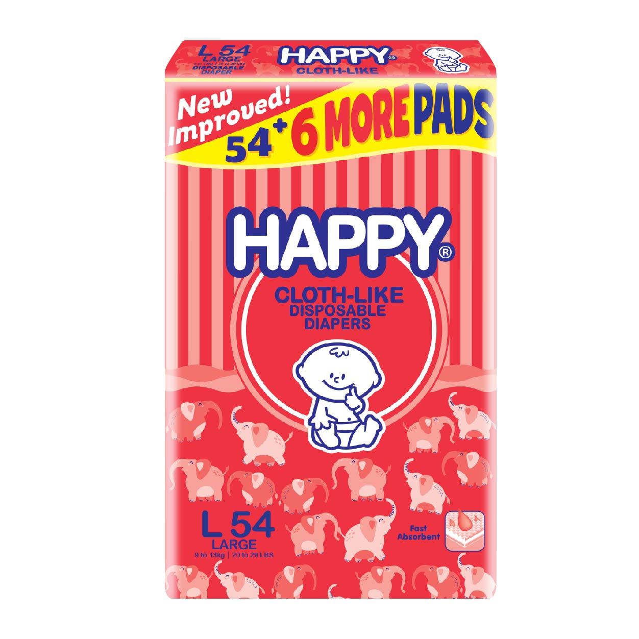 Happy Cloth-Like Disposable Diapers L 54s + Free