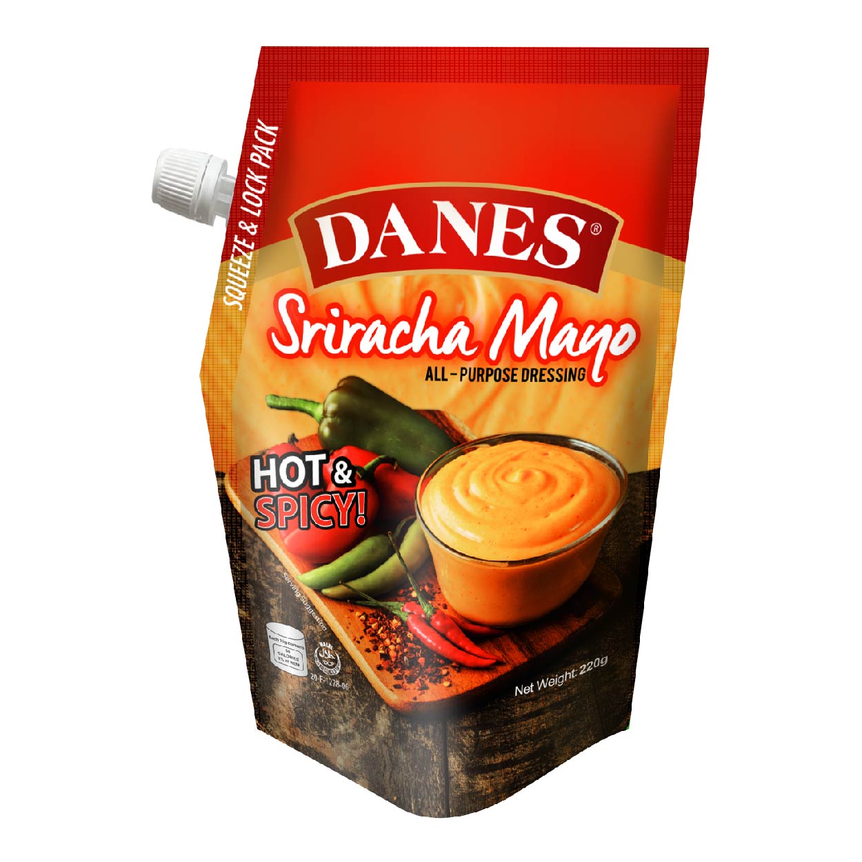 Danes Sriracha Mayonnaise Hot & Spicy Squeeze & Lock Pack 220g