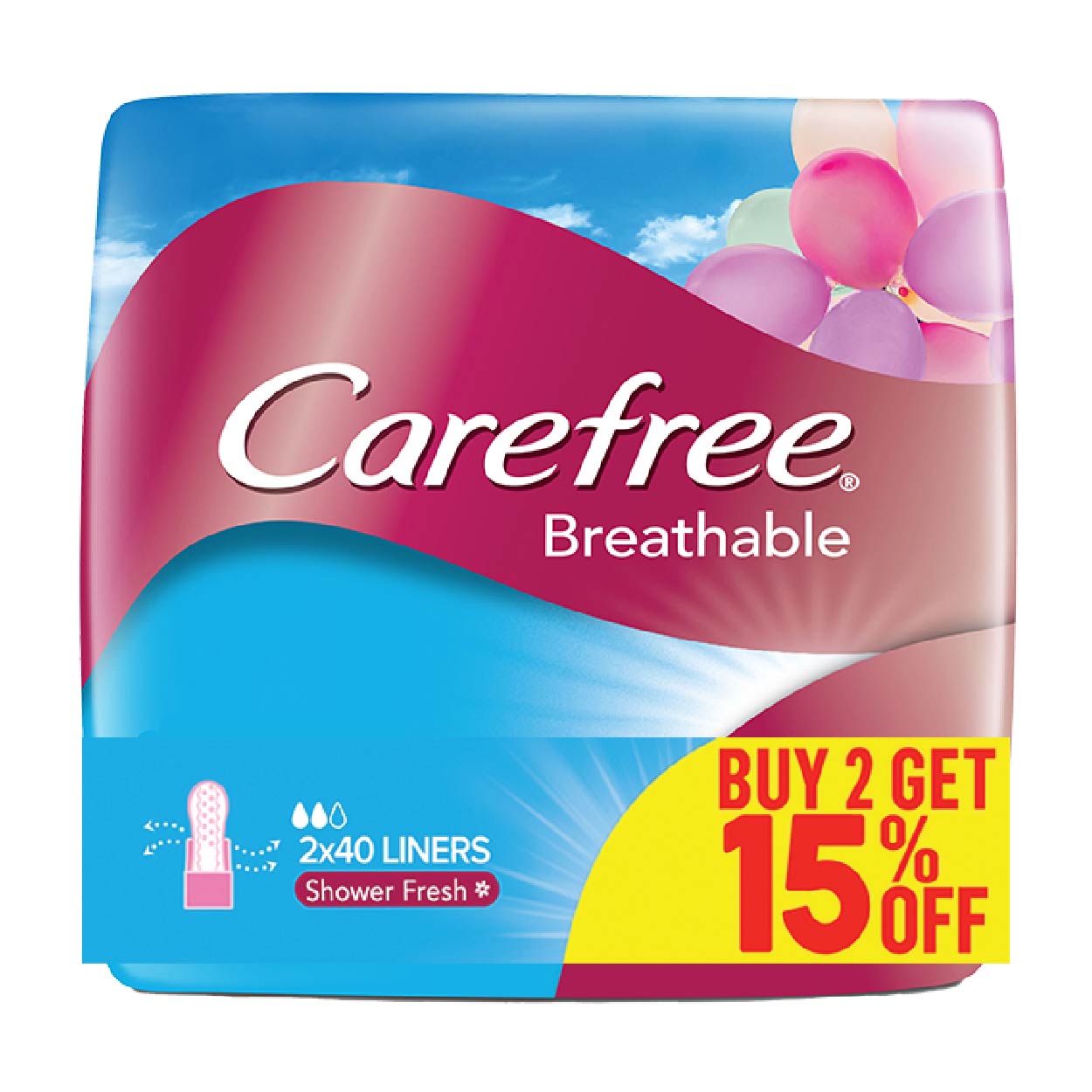 Carefree Pantyliner Breathable Scented Shower Fresh 2x40s SAVE