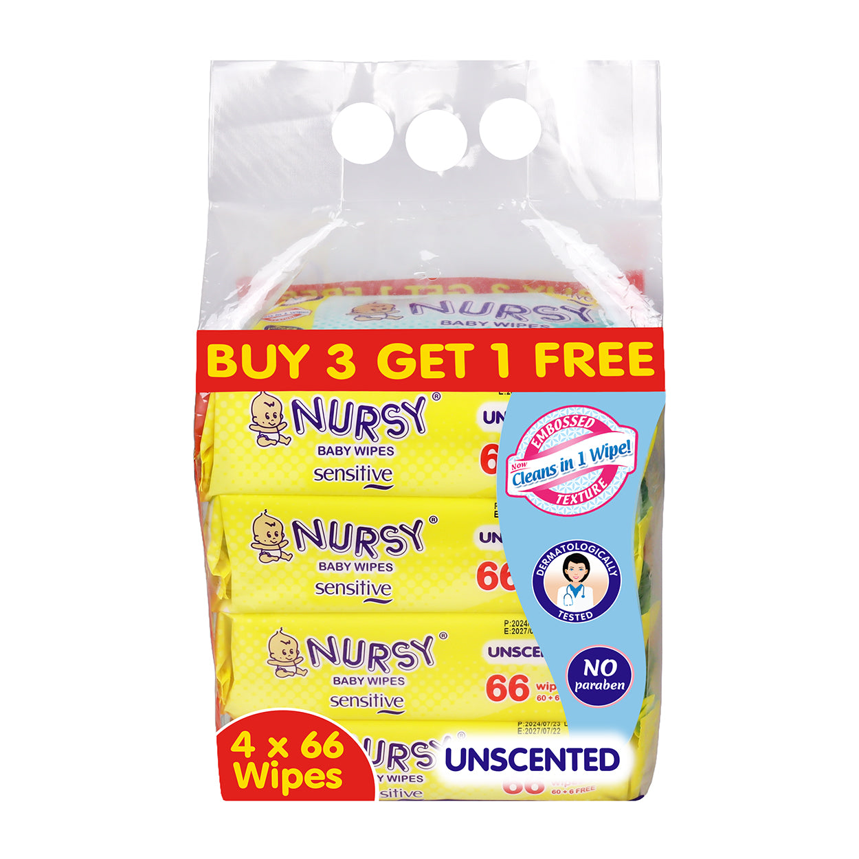 Nursy Baby Wipes Unscented 66s Buy 3 Get 1 Free