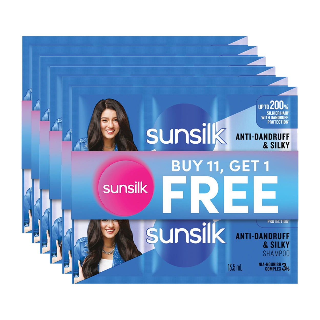 Sunsilk Shampoo Anti-Dandruff & Silky 11x13.5ml + Free