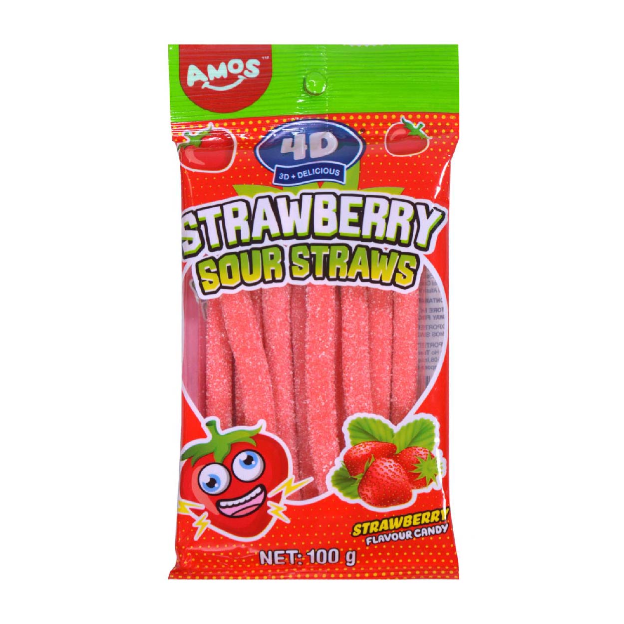 Amos 4D Gummy Strawberry Sour Straws 100g