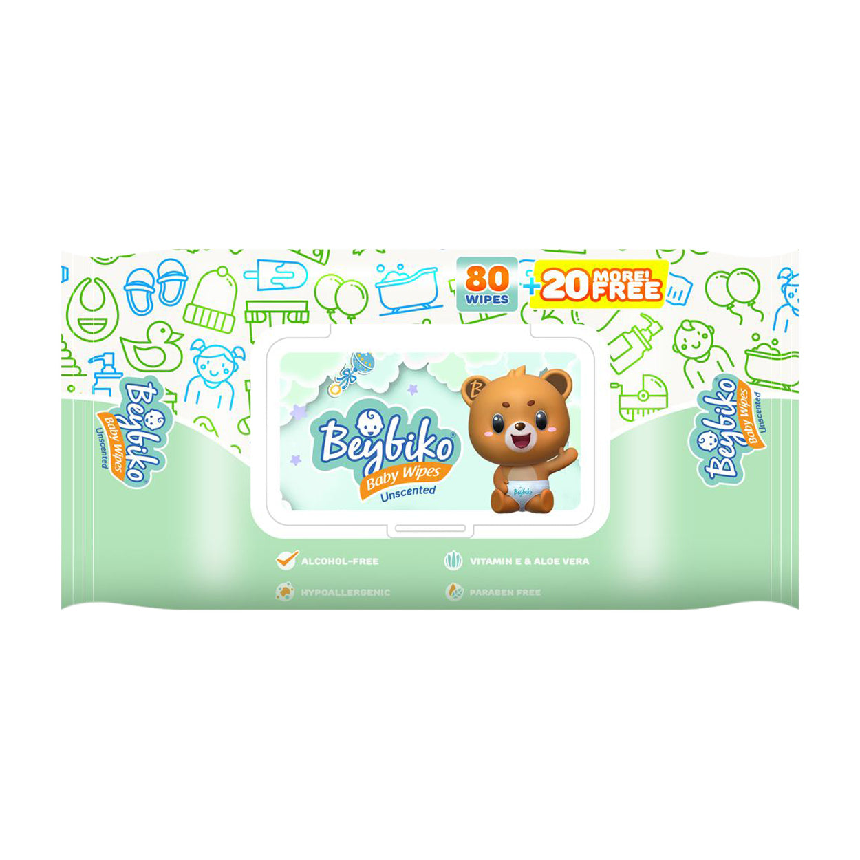 Beybiko Baby Wipes Unscented 80s + Free