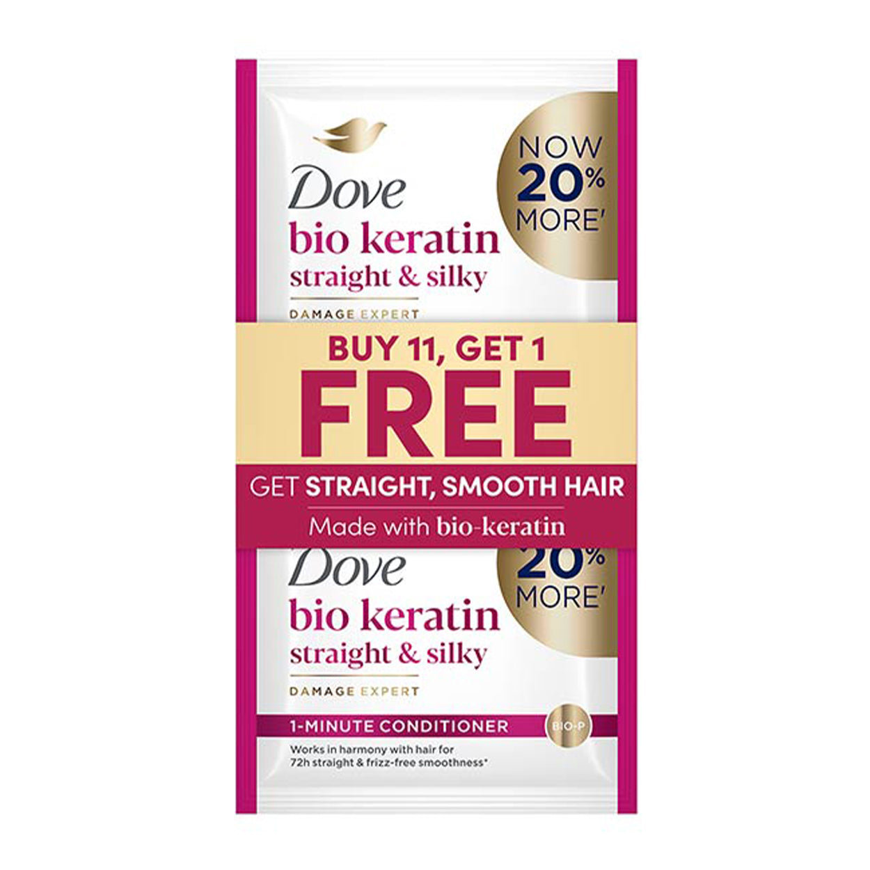 Dove 1 Min Conditioner Bio-Keratin Straight & Silky 11x12ml+Free