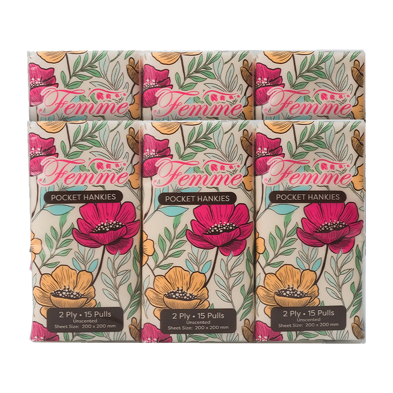 Femme Facial Tissue Pocket Hankies Unscented 2 Ply 15 Pulls 6s