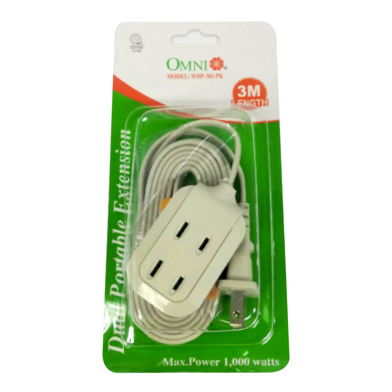 Omni Extension Cord Dual Port Set 3 gang 3 meters