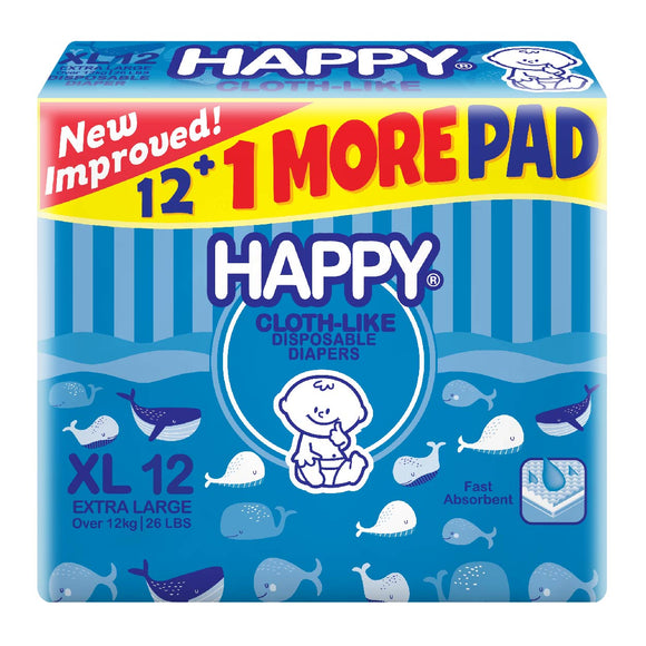 Happy Cloth-Like Disposable Diapers XL 12s + Free