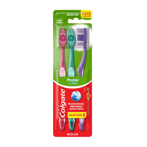 Colgate Toothbrush Premier Clean Medium with Cap Value Pack 3