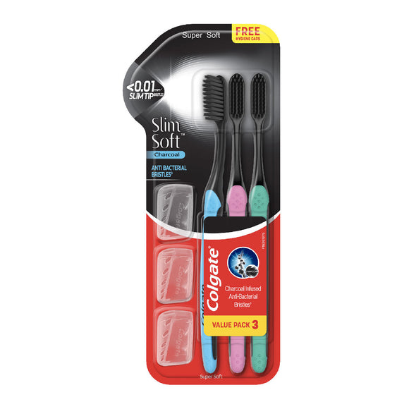 Colgate Toothbrush Slim Soft Charcoal Super Soft Value Pack 3