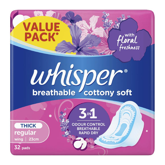 Whisper Napkin Breathable Cottony Soft Thick Regular Wings 32s