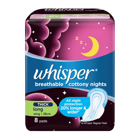 Whisper Napkin Breathable Cottony Nights Thick Long 28cm Wings 8s