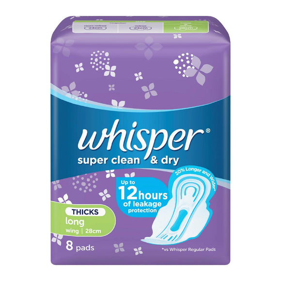 Whisper Napkin Super Clean & Dry Thicks Long Wings 28cm 8s